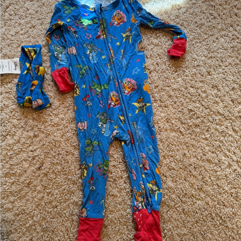Posh Peanut Blue Toy Story Print Footed One-Piece with Matching Headband